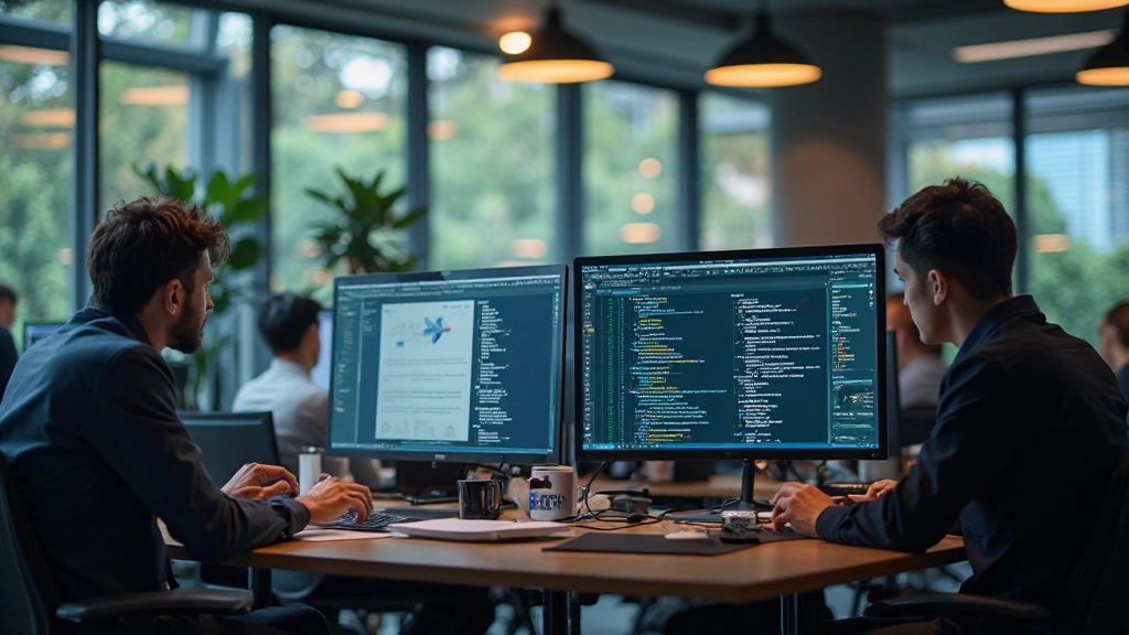 Team of web designers and developers collaborating on WordPress project with multiple screens showing design mockups and development code