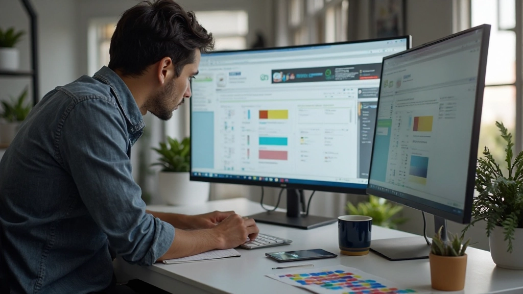 Designer reviewing WordPress site design on desktop monitor with design notes and color palette visible