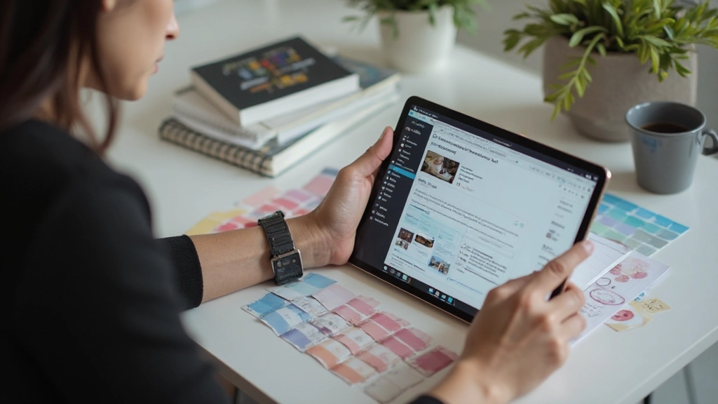 Designer working on WordPress site customization with tablet and color swatches on desk