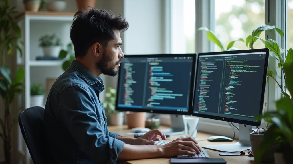 Developer workspace showing WordPress theme files organized in code editor with multiple PHP template files visible, professional setup with dual monitors