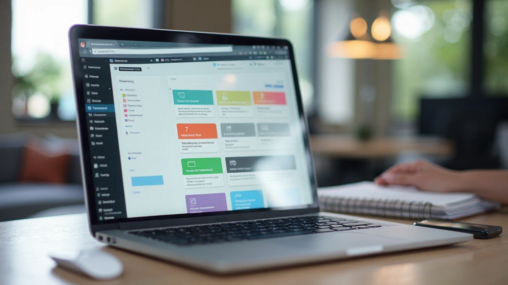 Laptop screen showing WordPress dashboard with design elements and customization options visible